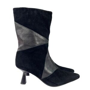 Caverley Black‎ Leather Suede Boots 7 Pointed Toe Slim Heel Asymmetrical Modern